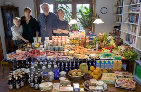 Illustration du billet des familles posent devant leurs courses