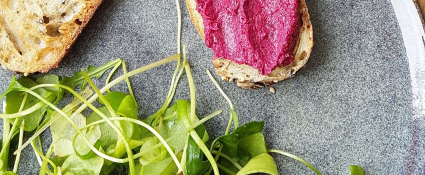 tartines de houmous de betterave rouge sur lit de pourpier